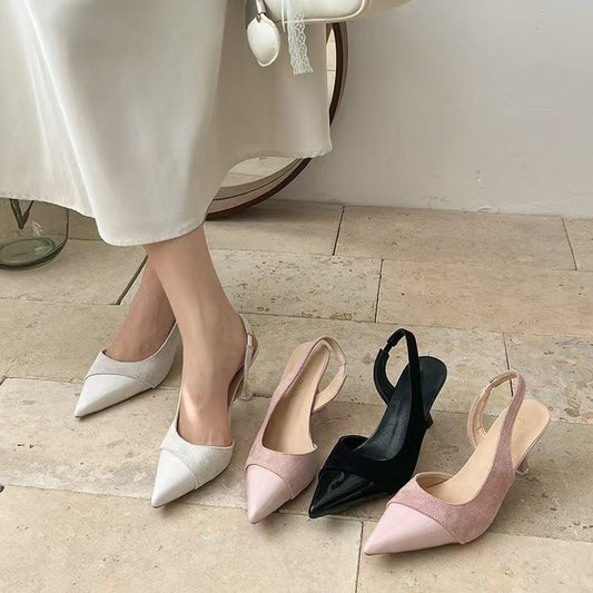 Summer New French Style Pointed Toe High Heels, Spliced Closed Toe Sandals For Women, Elegant Fairy Shoes