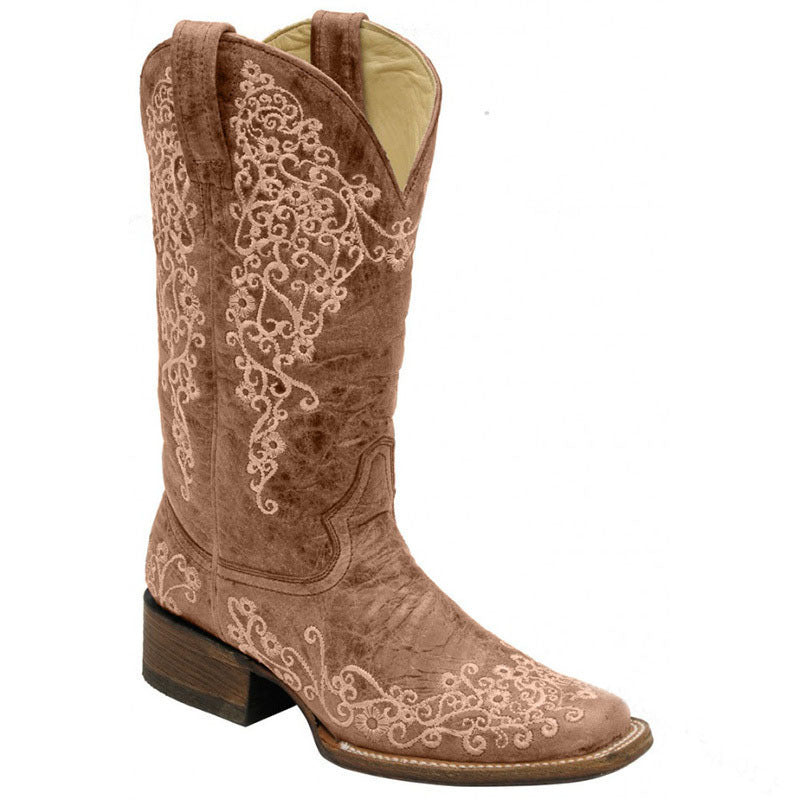 Autumn Winter Embroidered And Printed Chunky-Heel Square-Toe Mid-Calf Knight Boots