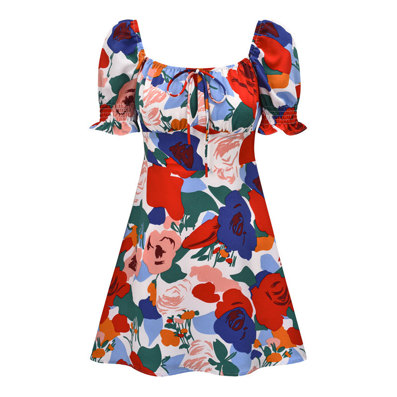 Women's French Retro Square Neck Tie Up High Waisted Skirt