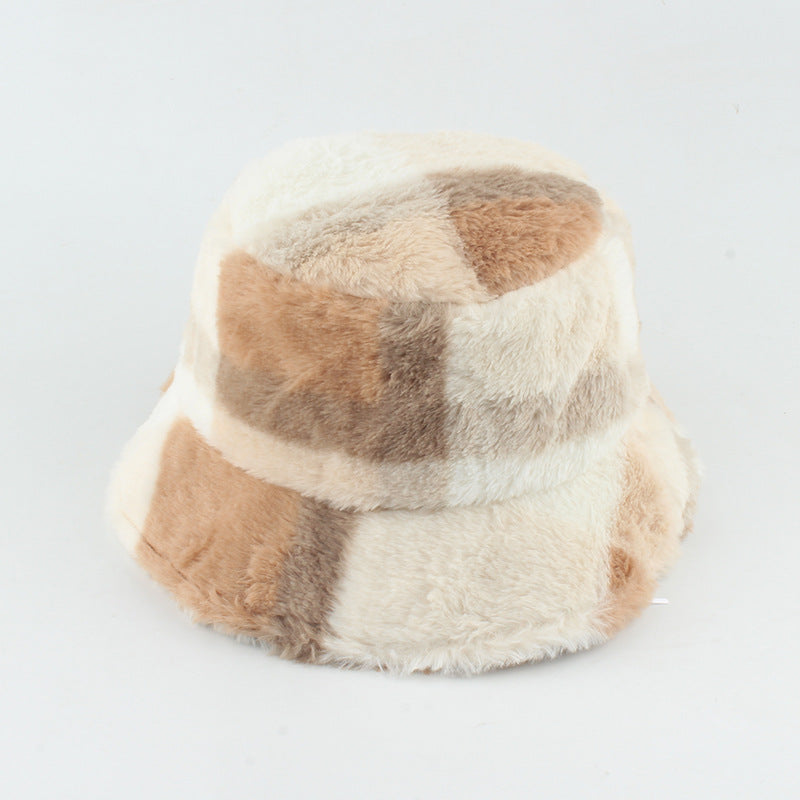 Plush Plaid Flat-top Basin Hat Flannel Warm Hat Women