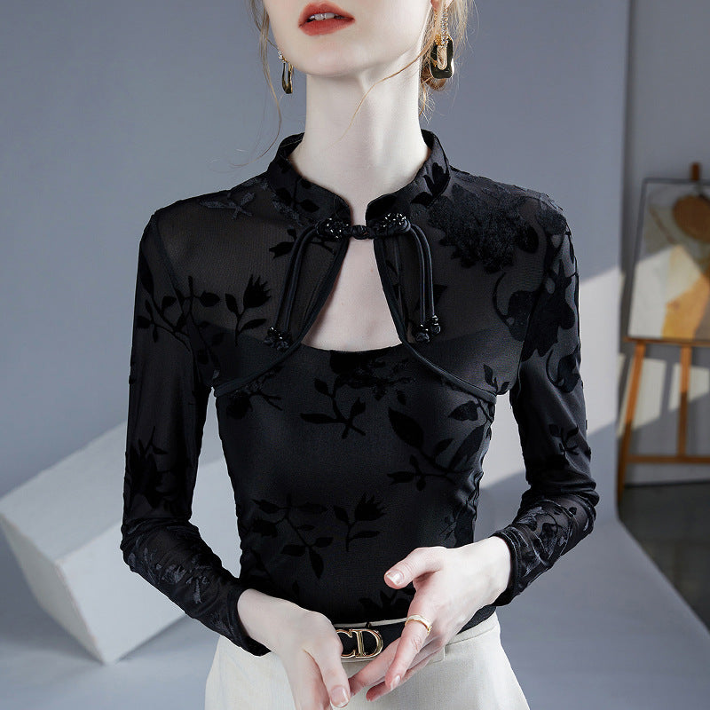 Dametop med ny kinesisk stil, qipao-krave, jacquard og slim fit, der kan bruges som basislag