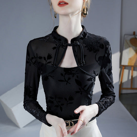 Women's New Chinese-style Qipao-collar Jacquard Slim-fit Base Layer Top