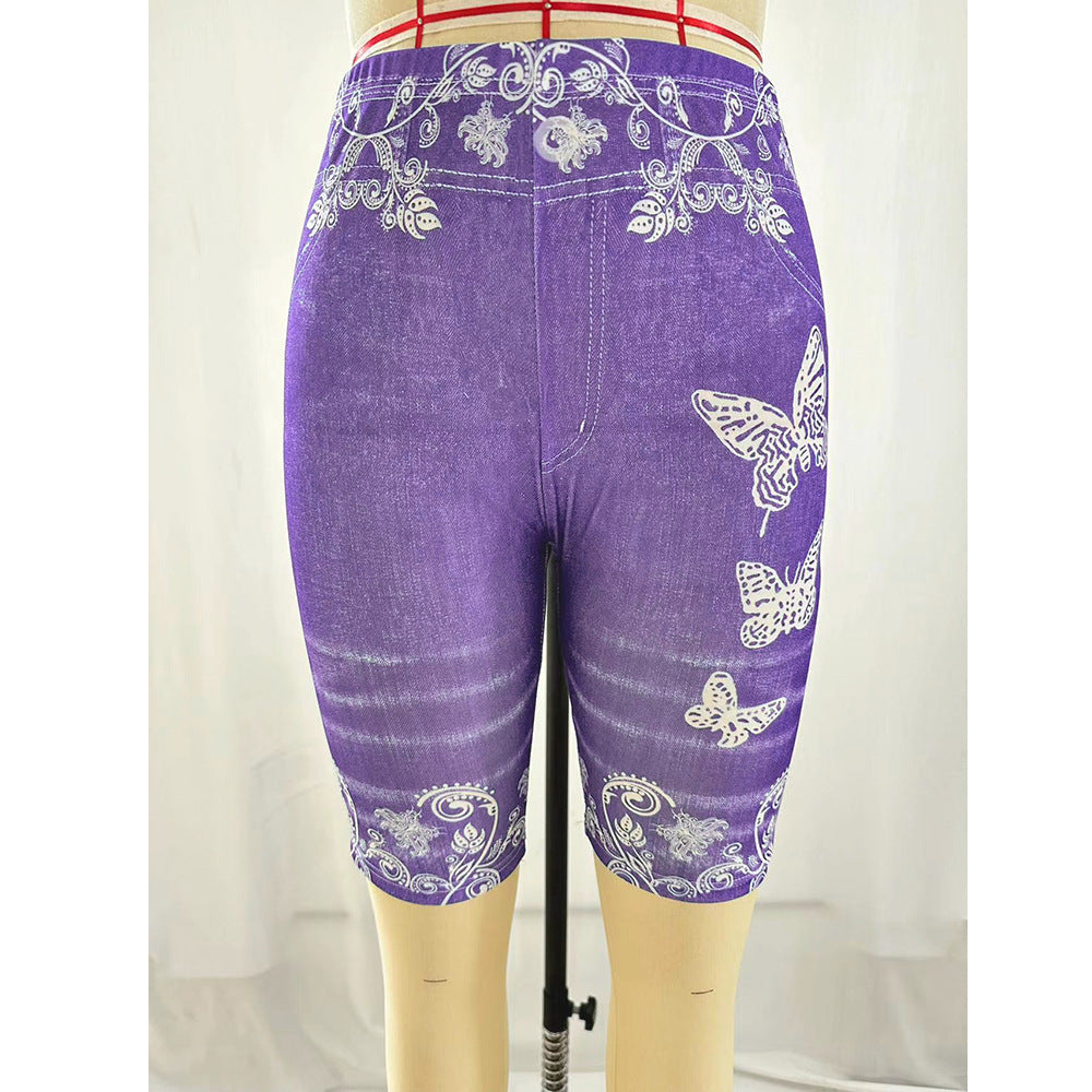 Printed Denim Butterfly Sports Leggings