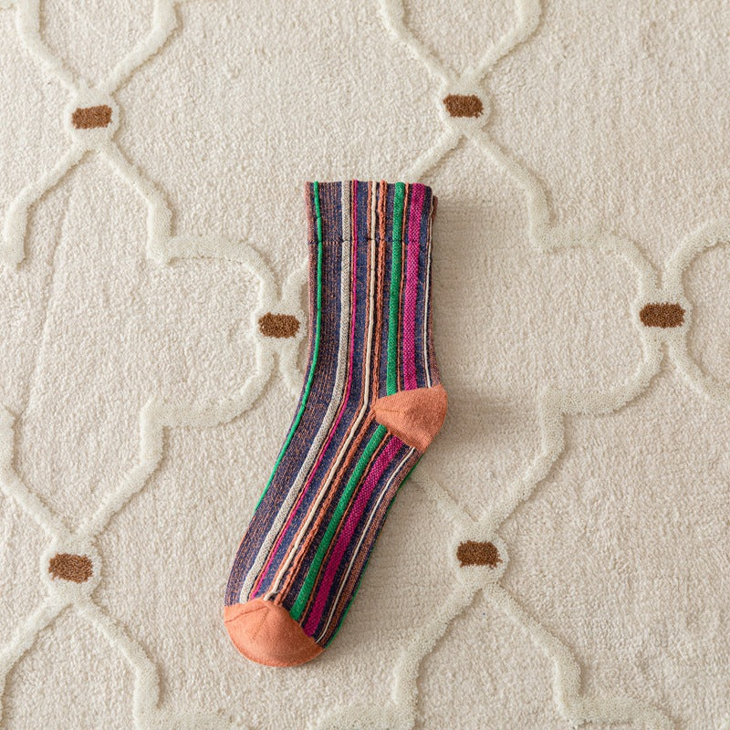 Autumn And Winter Vertical Stripes Retro Color Hem Tube Socks
