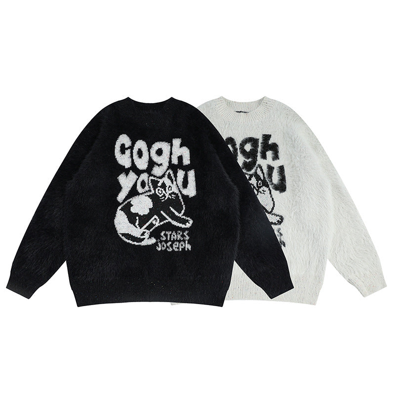 American Cartoon Kitten Plush Round Neck Sweater