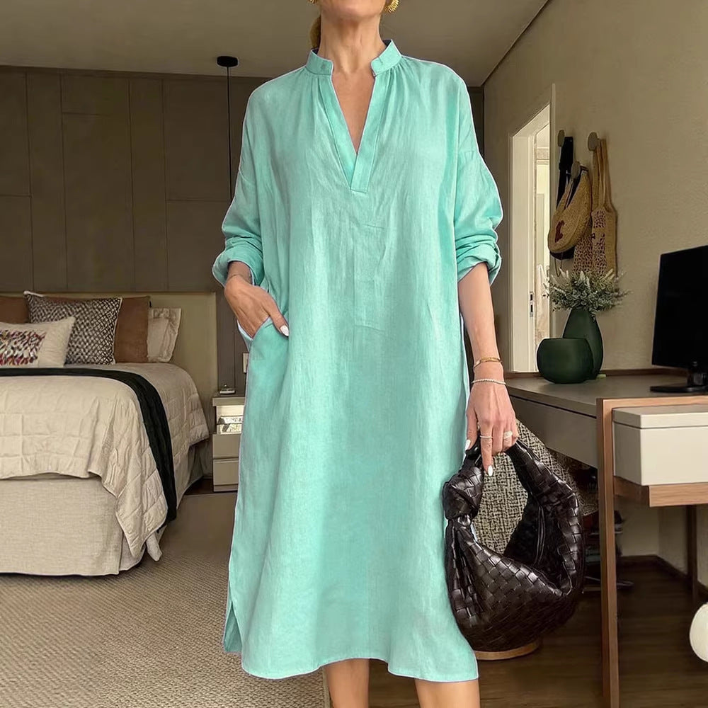 Womens Retro Cotton-Linen Long-Sleeve V-Neck Pocket Dress
