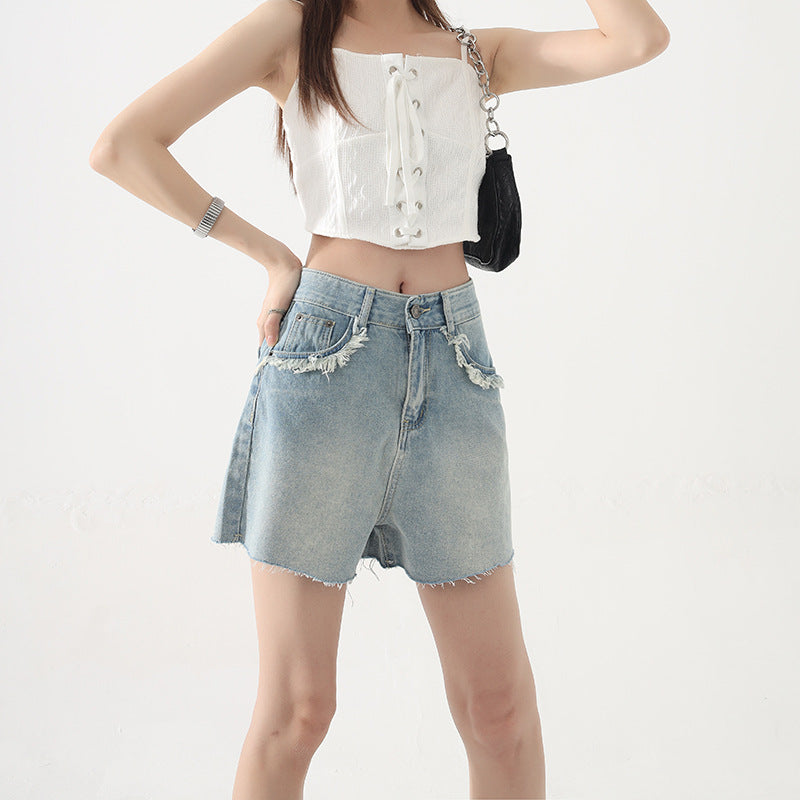 Summer New High Waist Slim Fit Tassel Denim Shorts For Women