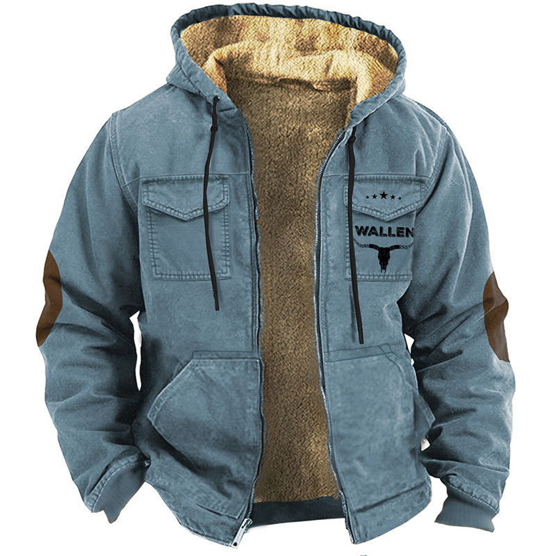 Denim 3D Printing Digital Printing Hooded Sweater Pocket Cotton-padded Jacket