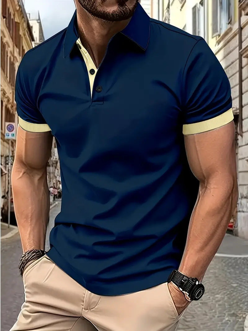 Solid Color Lapel Short Sleeve Polo Shirt Casual Loose Men 4D