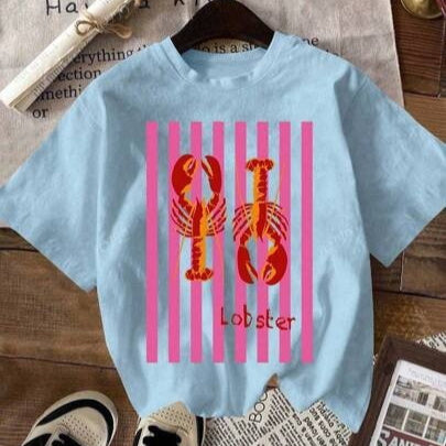 Casual Round Neck Short Sleeves Lobster Print Gra