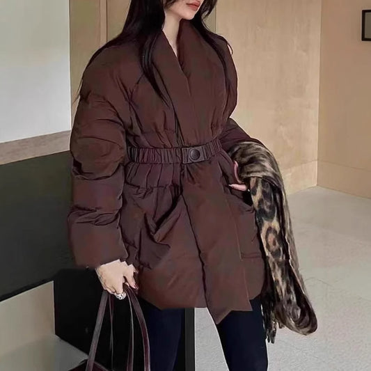 Retro Design Waist-tight Large Lapel Down Jacket Women