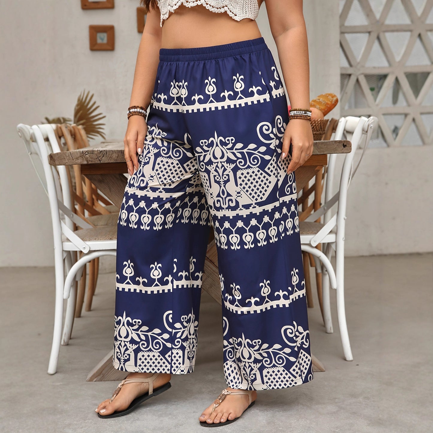 Women's Vacation-Style Loose Wide-Leg Pants With Floral Print