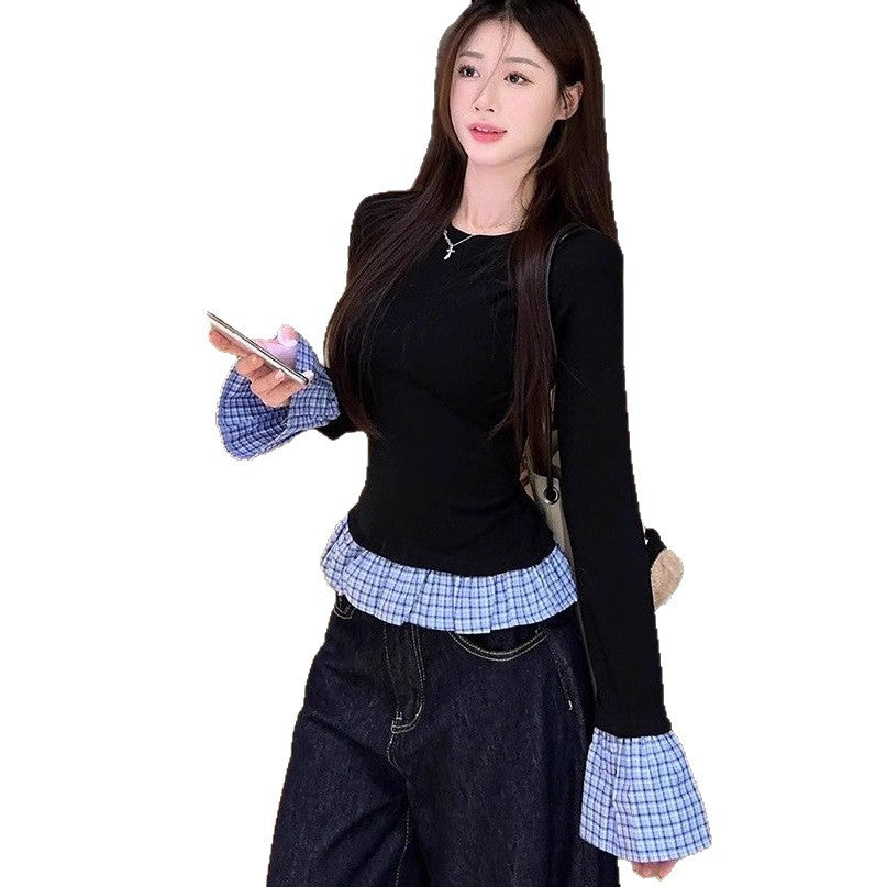 Stitching Dralon Warm Long Sleeves Female Slim Fit Slimming Top