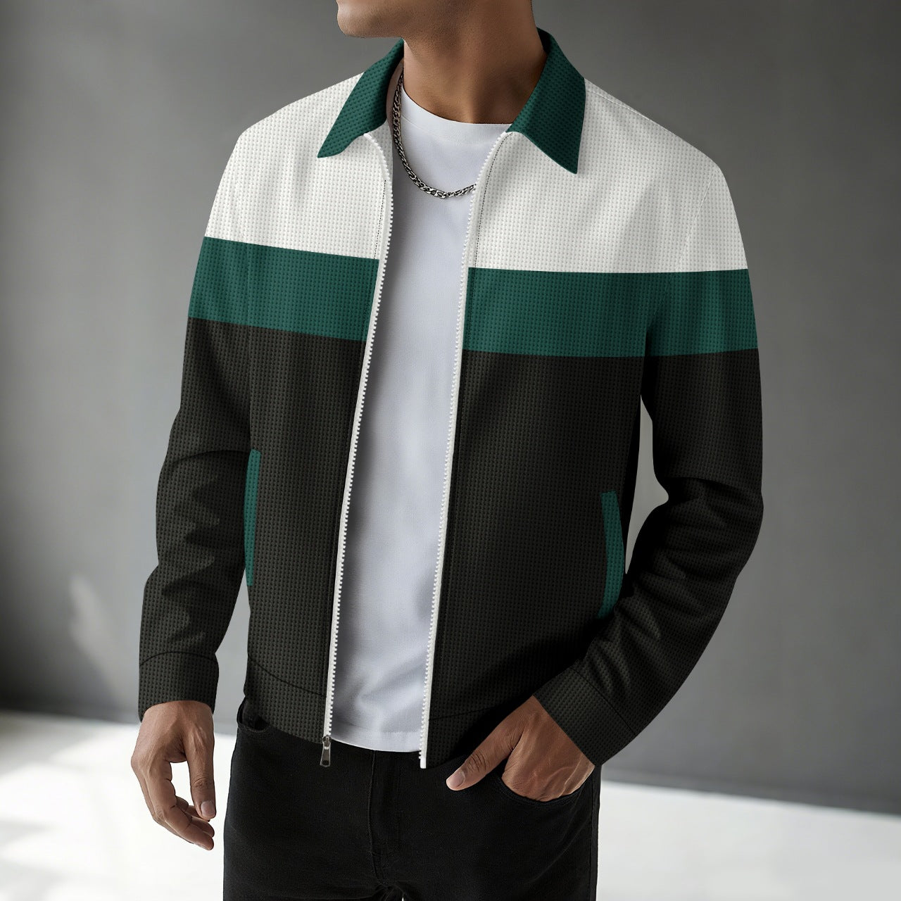 Waffle-knit Colorblock Cardigan With Zippered Pockets And A Notched Collar