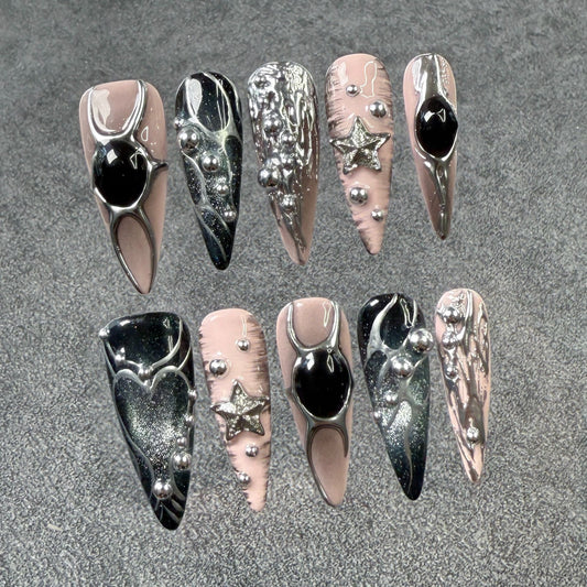 Dyed Nail European And American Long Pointed Nail Metal Hand Painted Ins Relief Sweet Cool