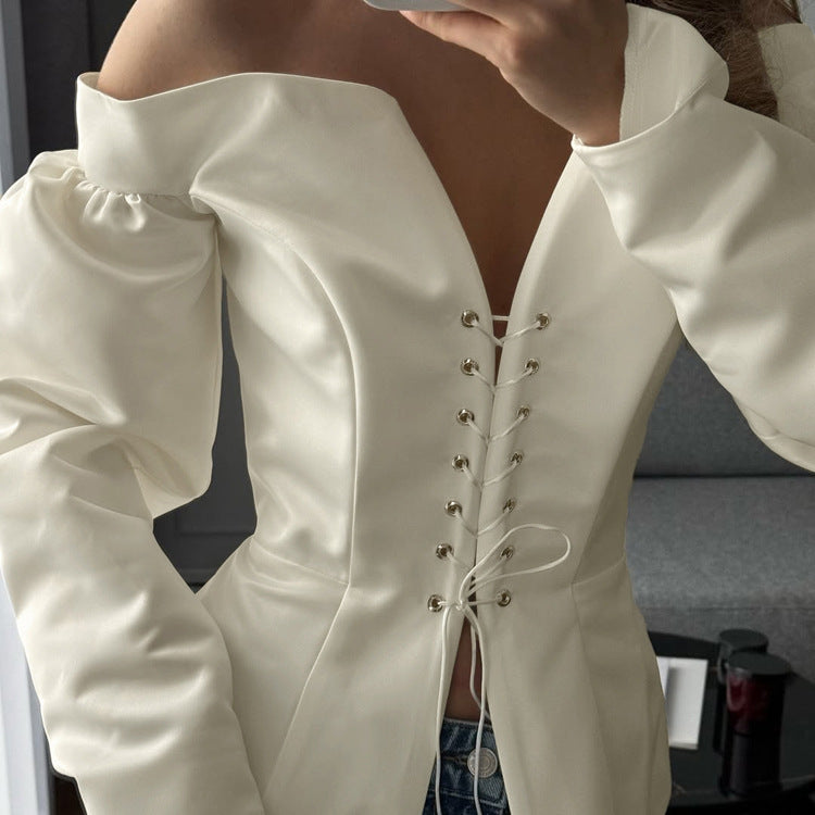 Womens Stylish Solid-Color Off-the-Shoulder Pleated Long-Sleeve Tie-Up Top