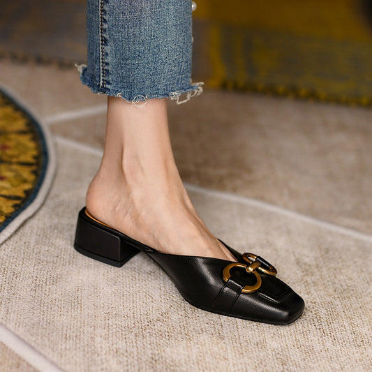 Women's Square Head Horsebit Medium Chunky Heel Half Slippers