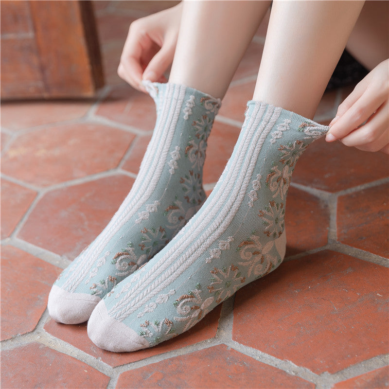 Women's Literary Medium Tube Retro Forest Green Socks