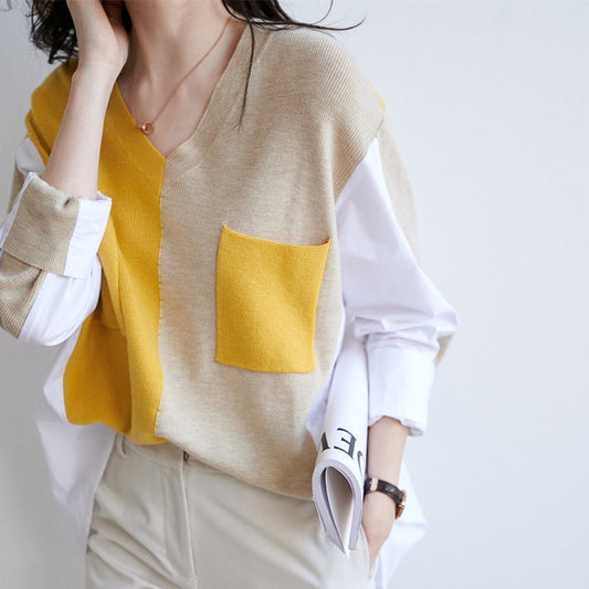 Women's Retro Contrast Color V-neck Knitted Stitching Pocket Shirt
