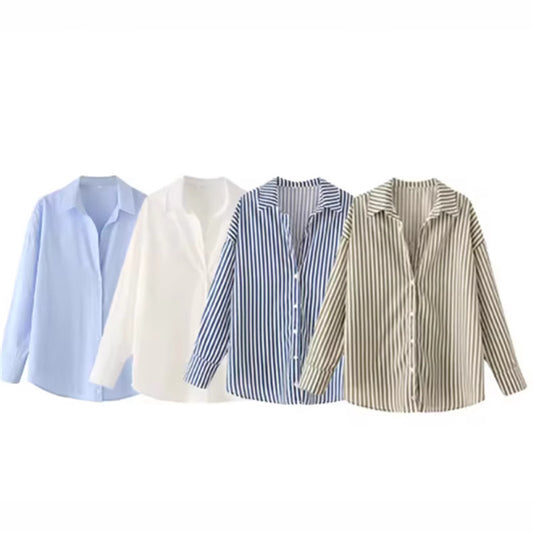 European And American Style Long Sleeve Lapel Loose Striped Poplin Shirt