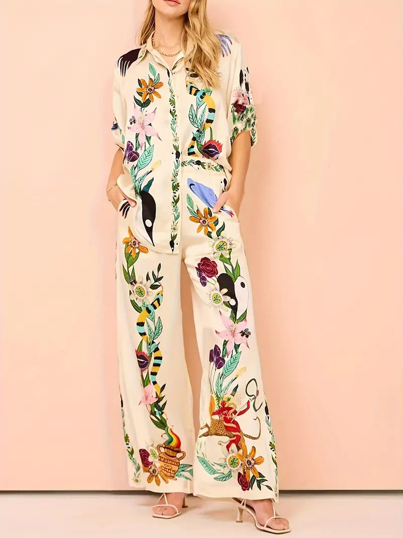 Casual Plant-patterned Short-sleeve Set