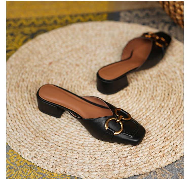 Women's Square Head Horsebit Medium Chunky Heel Half Slippers