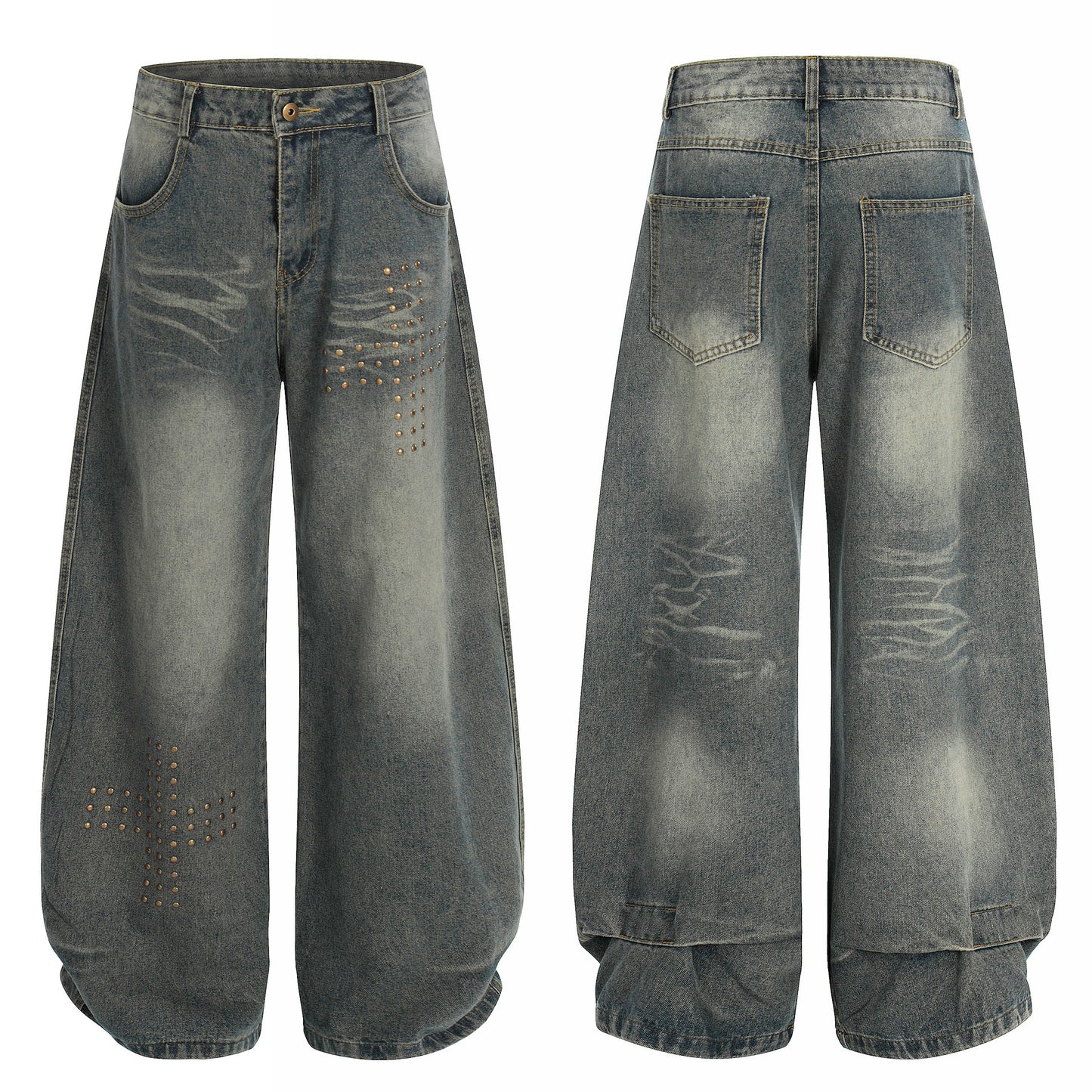 American-style Rivet-deconstructed Distressed Washed Denim Jeans