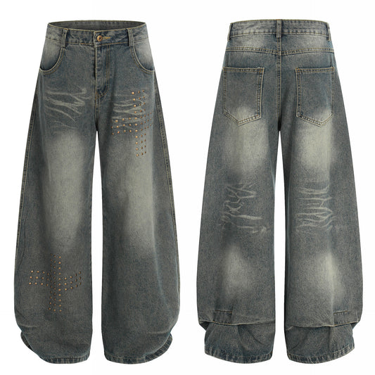 American-style Rivet-deconstructed Distressed Washed Denim Jeans