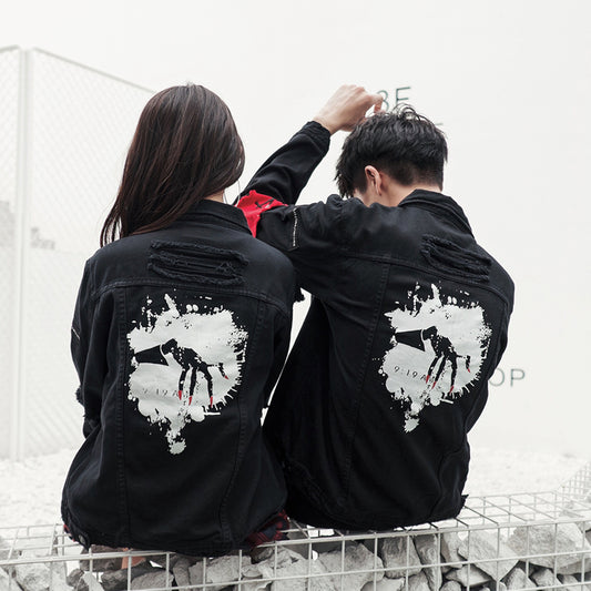 Couples Korean version of the cotton washed denim hole long sleeve jacket