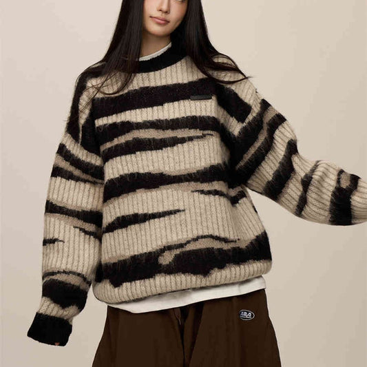 Striped Contrast Color Haima Wool Sweater For Women