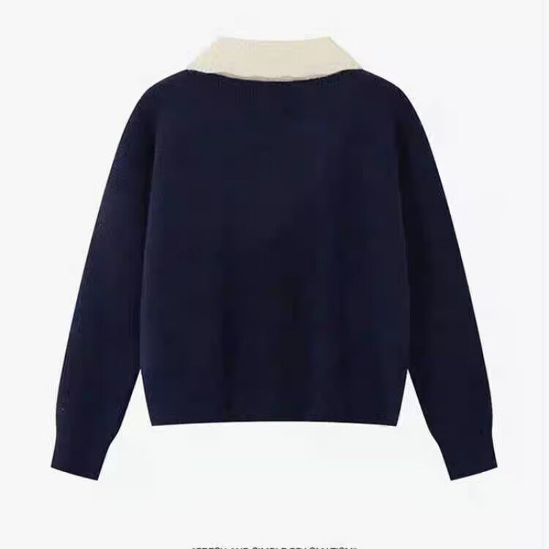 FallWinter Preppy-Style Color-Block All-Match Peter Pan Collar Sweater For Women
