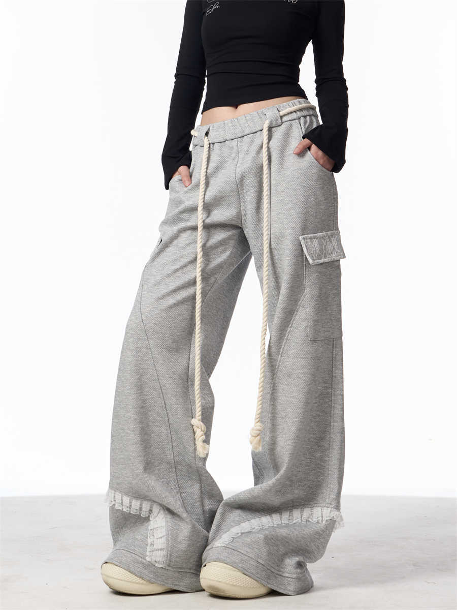 Gray Wide Leg Multi-pocket Drawstring Track Sweatpants Women's Casual Pants