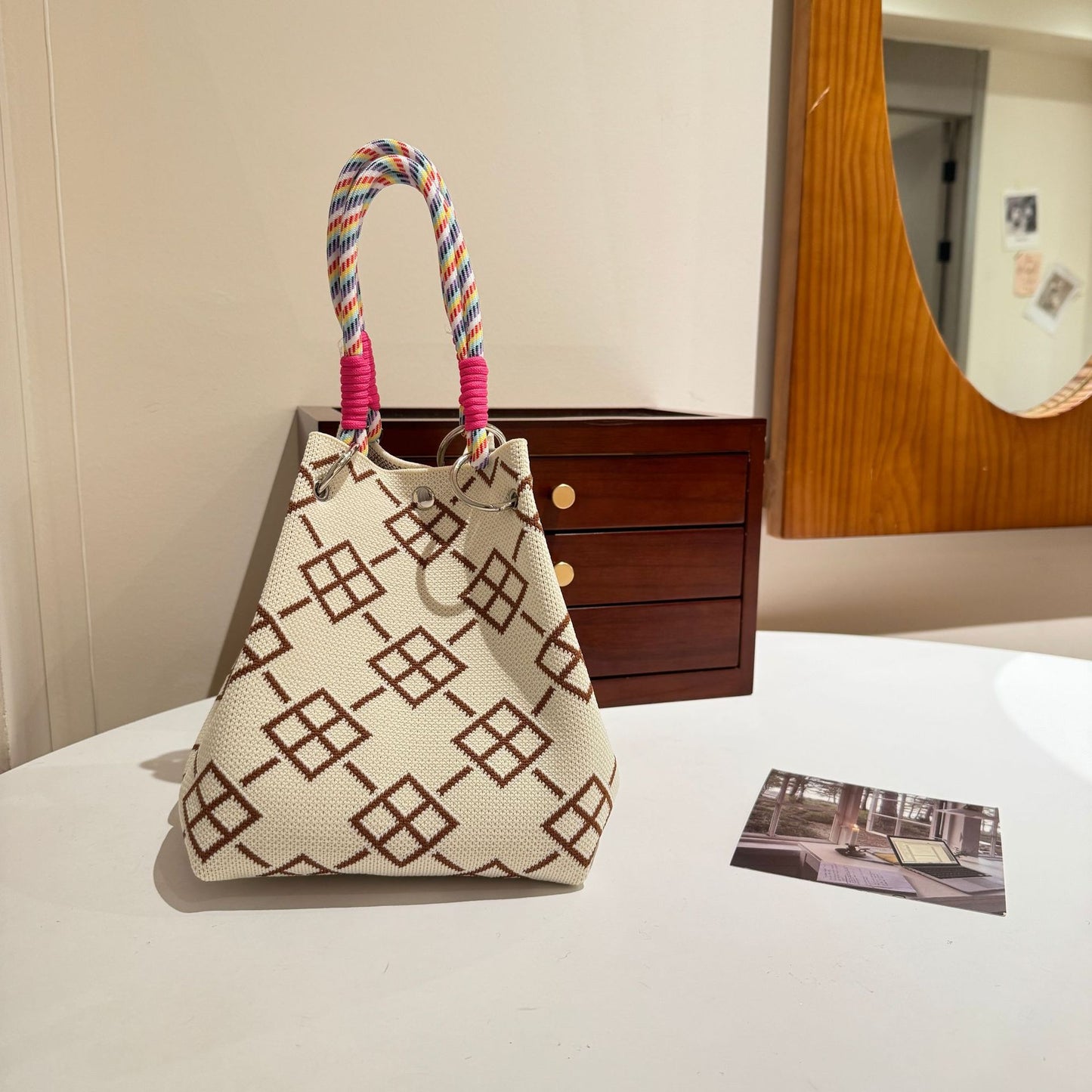 Womens Red Knitted Tote Bag With Magnetic Closure And Large Capacity