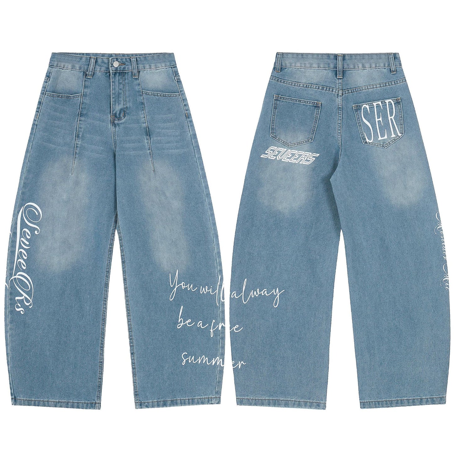 Korean-style Light-wash Wide-leg Denim Jeans For Women