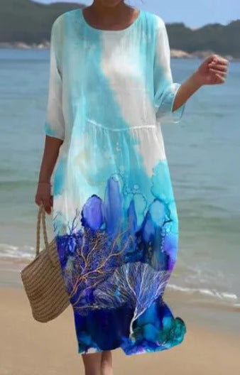 Womens Long Casual Printed Dress With A Crew Neck