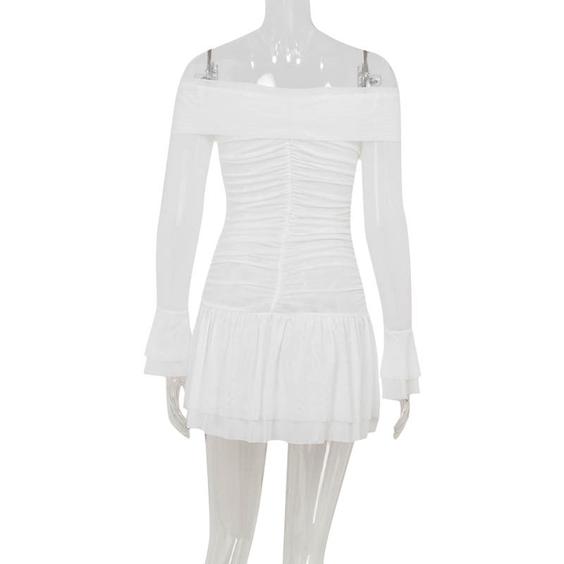 Long-sleeved High-waisted Figure-flattering Solid-color A-line Pleated Dress