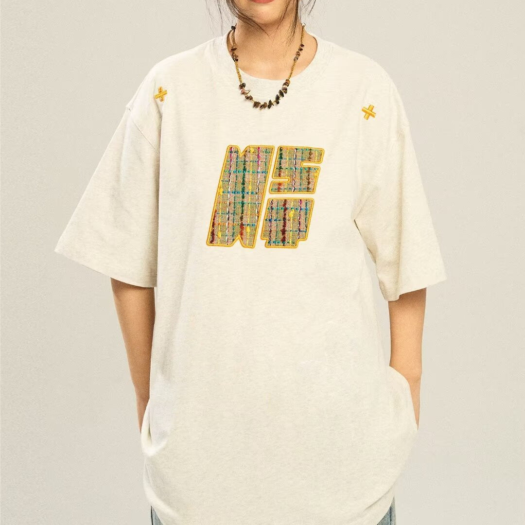 Retro Design Woven Embroidery Loose Short Sleeved T-shirt