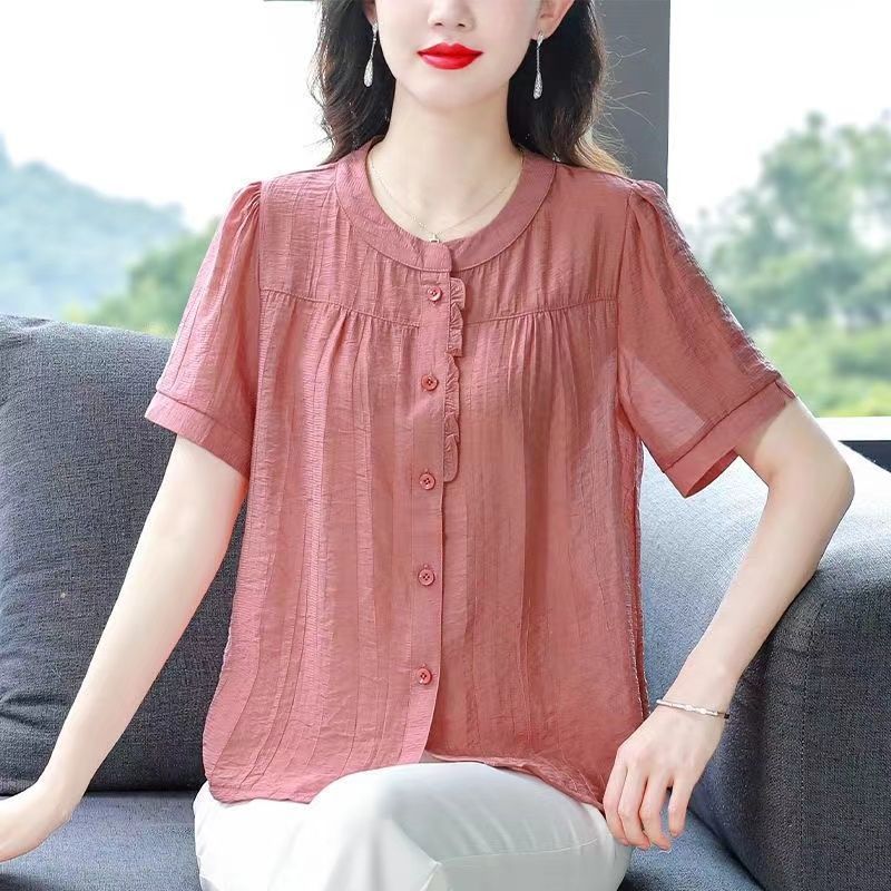 Spring And Summer Simplicity Temperament Crew Neck Cotton Linen Shirt Women