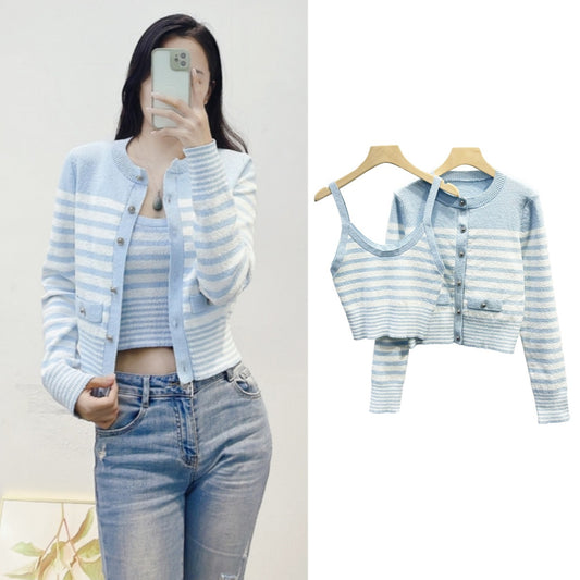 Womens Blue And White Striped Knitted Cardigan And Camisole Two-Piece Set