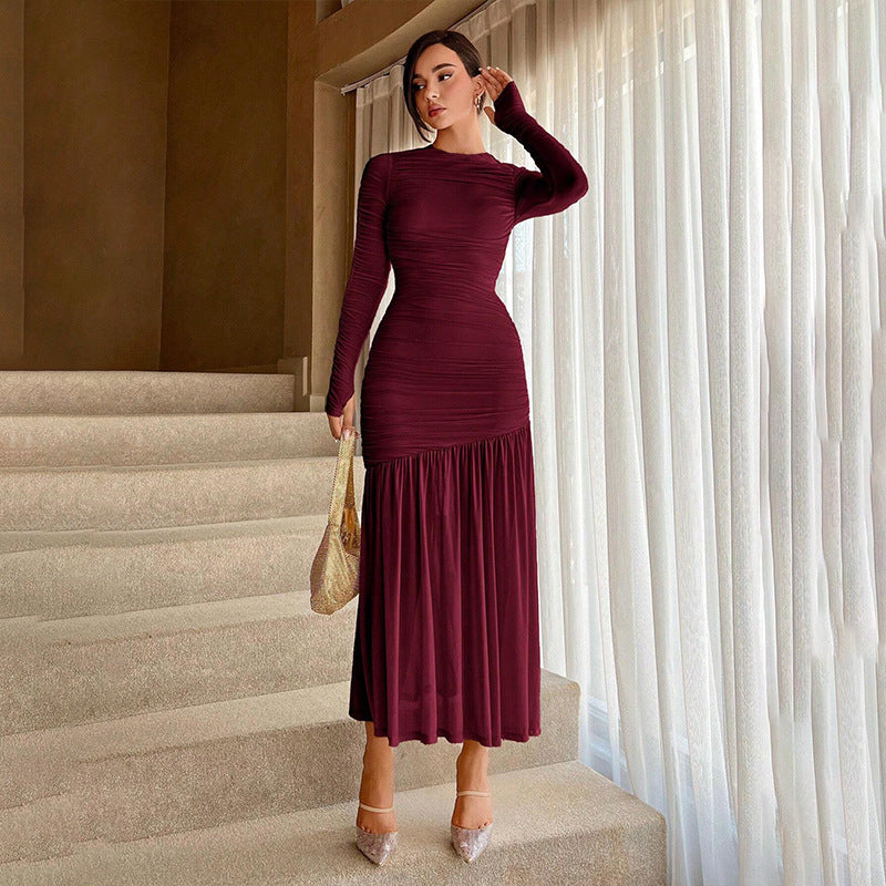 Elegant Lace Ruffle Crew-Neck Solid Color Dress