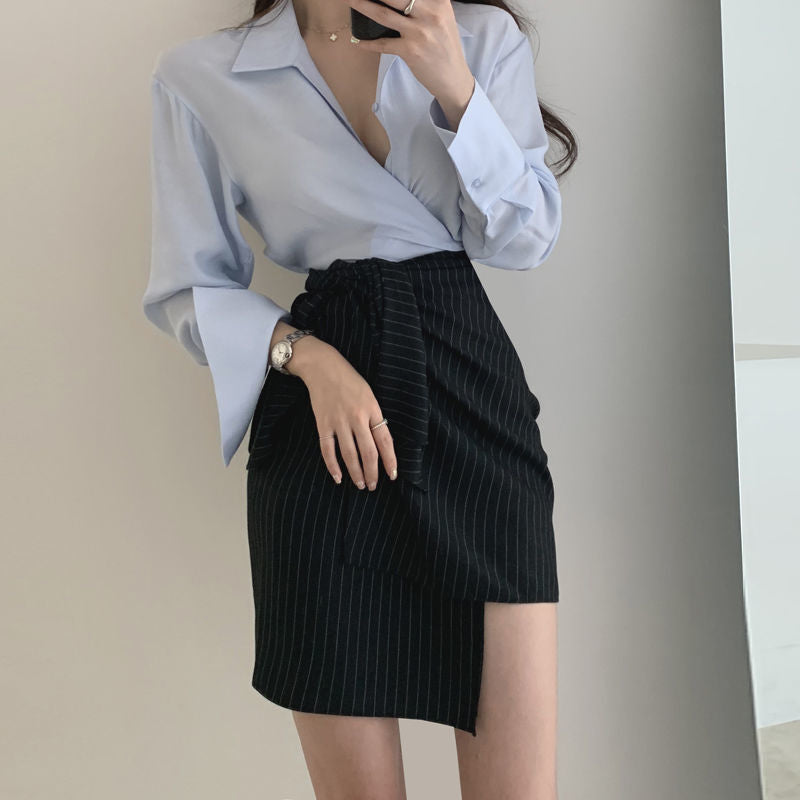 Women's Shirt Fashion High Waist A- Line Skirt Slimming Two-piece Suit