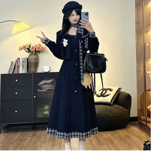 French Retro Womens AutumnWinter Plaid Blazer Dress Two-Piece Set