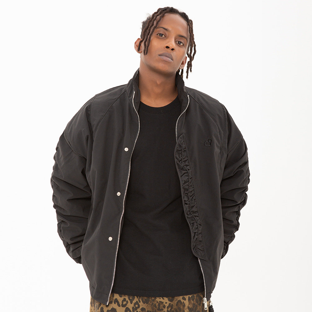 Fashion Brand Stand Collar Men's European And American Fashion Pleated Design Pleated Loose Zipper Cotton-padded Coat