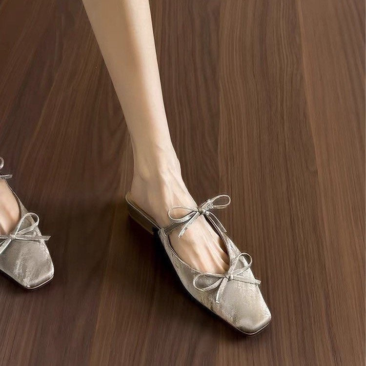 New Women's Bowknot Closed Toe Mule Slippers Elegant Chunky Heel One-Step Slip On Sandals