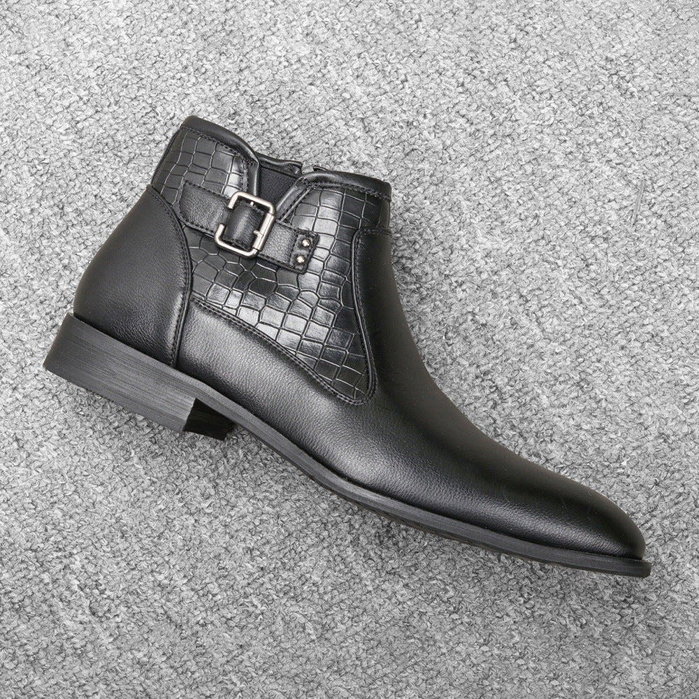 Men's Belt Buckle Side Zipper Plush Boots