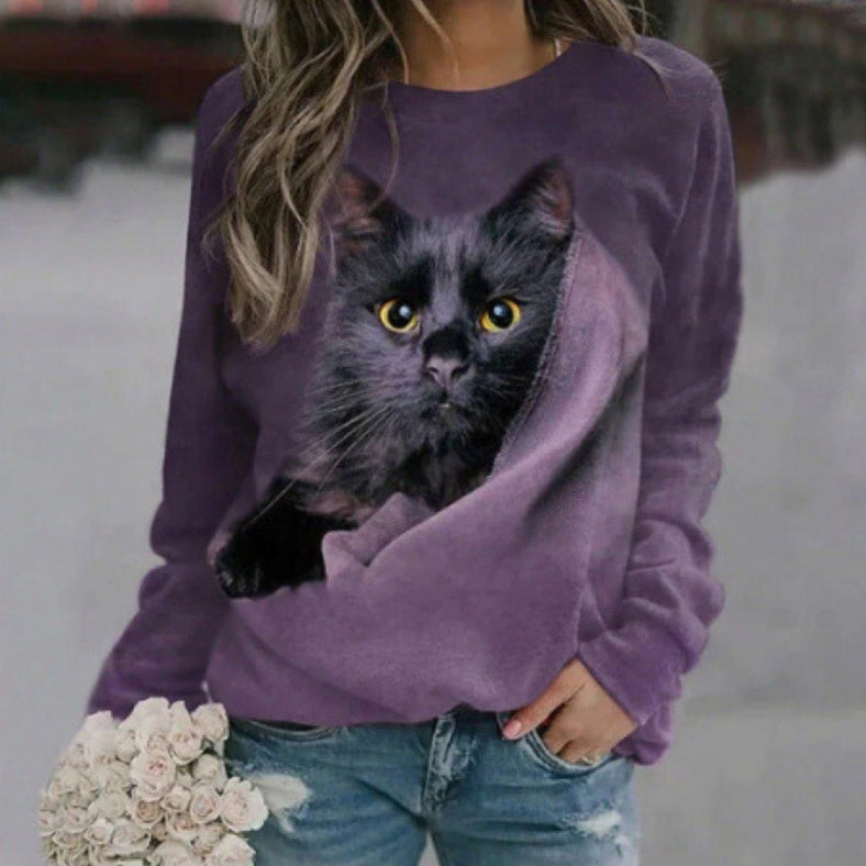 Cute Cat 3D Digital Printing Women's Round Neck Sweater