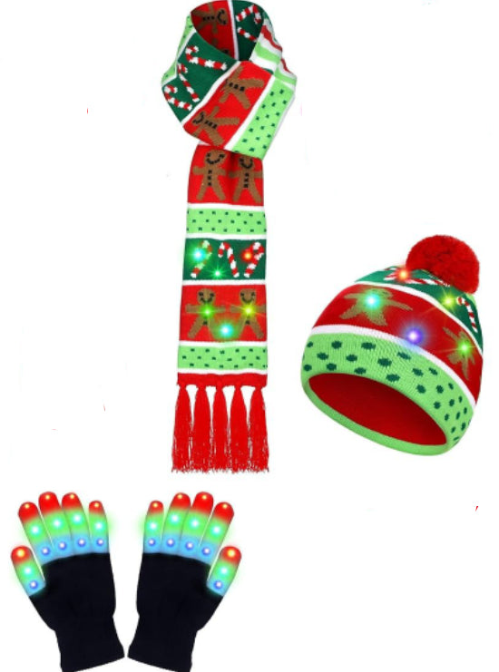 LED Christmas Knitted Hat Scarf Gloves Three-piece Set