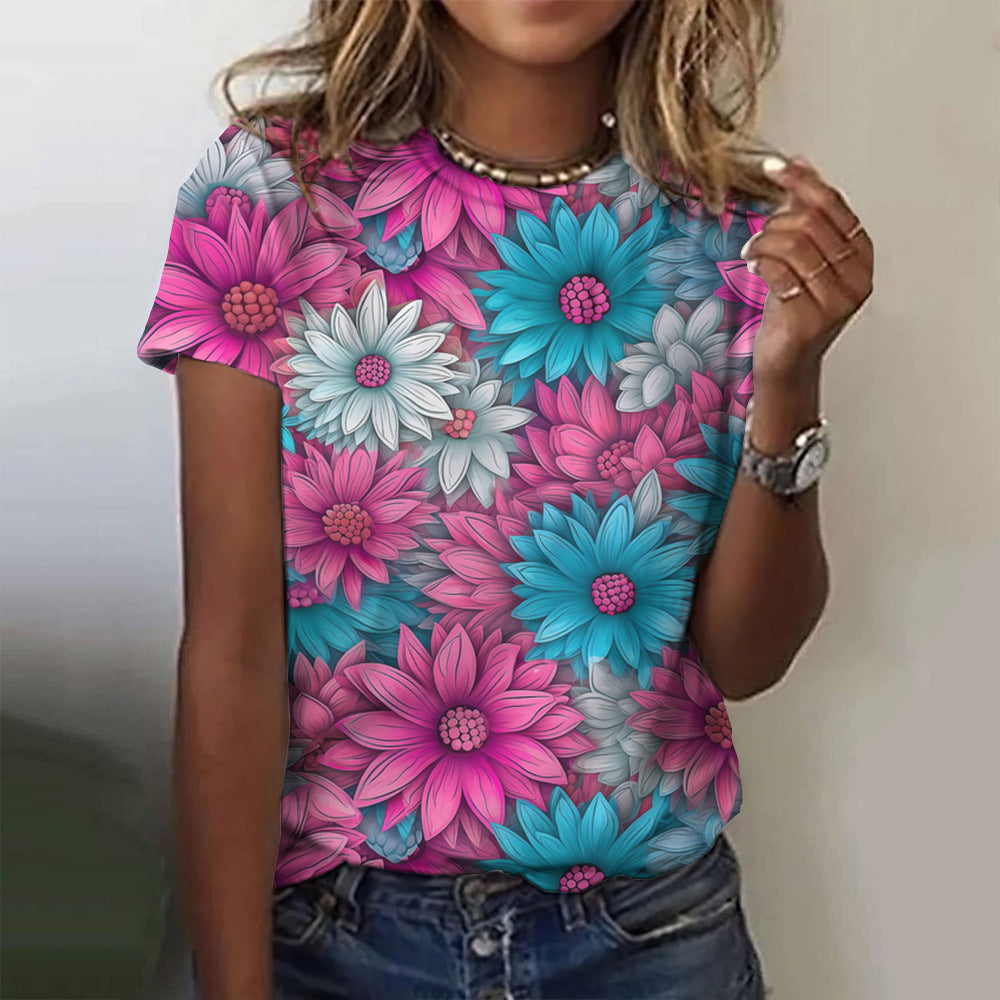 Floral Print Women's T-shirt Short Sleeve Casual Round Neck T-shirt Summer Ladies
