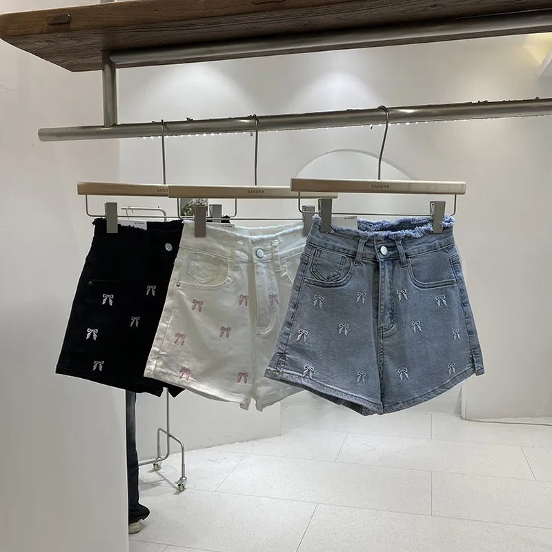 Slim Fit Burrs High Waist Denim Hot Pants Women's Summer Wide Leg Shorts