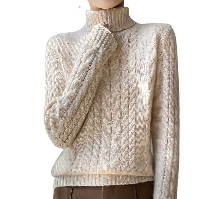 Kabelstrikket rullekrave-sweater, ensfarvet, alsidig dame-pullover med blidt temperament